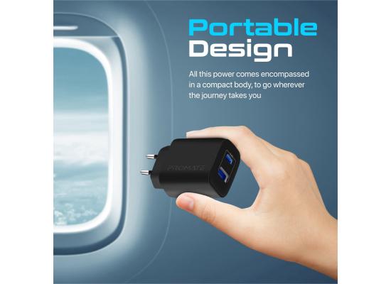 Promate Biplug-2  Portable Dual Adapter 17W with Fast-Charging, Short-Circuit Protection